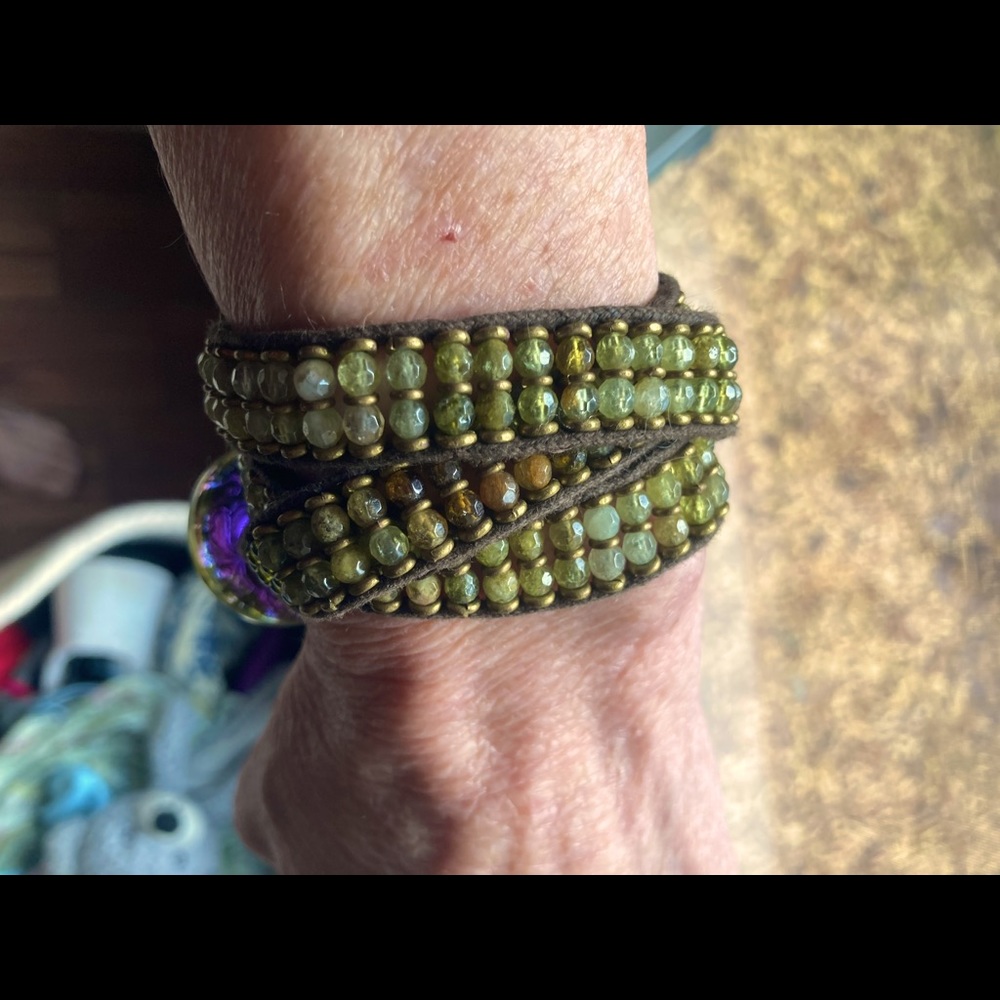 Rhyolite gemstones and antique button closure. Handmade. Phyllis Warman Jewelry.